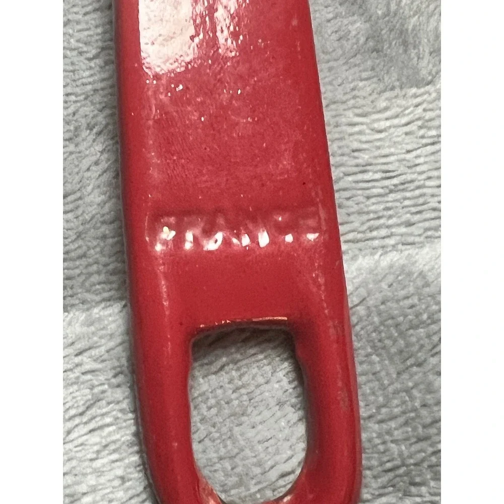 Vintage French Red Enamel Cast Iron Skillet Cream Interior Hanging Handle